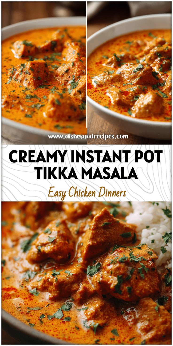 A bowl of creamy Tikka Masala Instant Pot chicken curry with coconut milk and rich masala sauce garnished with herbs.